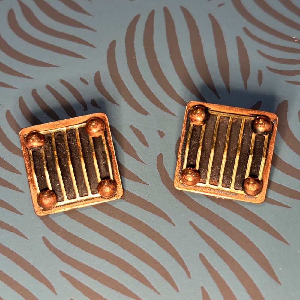 🖤 Vintage Modernist Designer Square Solid Copper Mid Century Clip-on Earrings 🖤